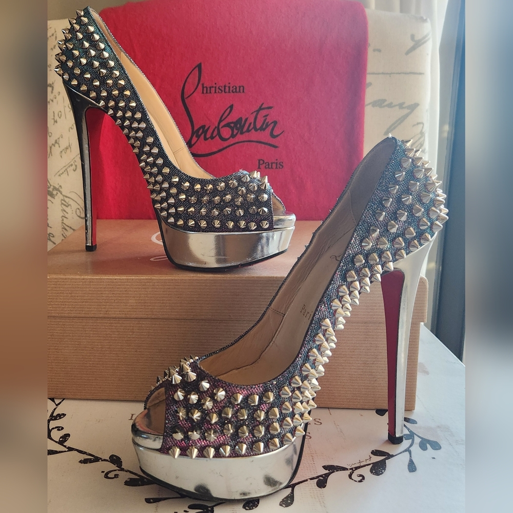 CHRISTIAN LOUBOUTIN Metallic Lame Lady Peep Spike Platform Pumps Size 37 - Picture 6 of 16